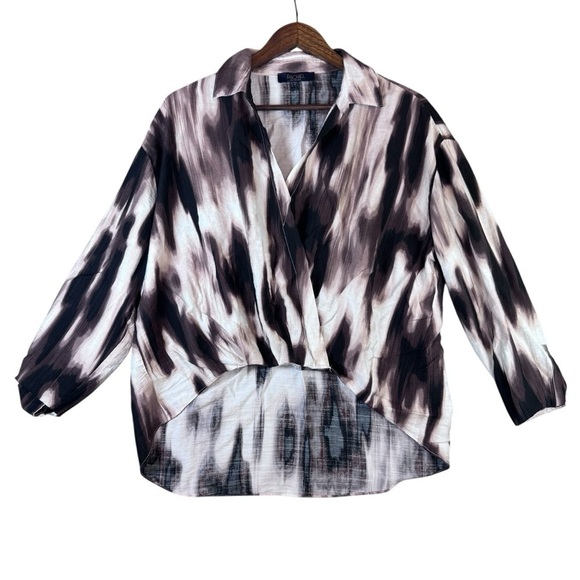 RACHEL Rachel Roy Tops - Rachel Roy Brown and Cream V Neck, Collard Linen Blouse